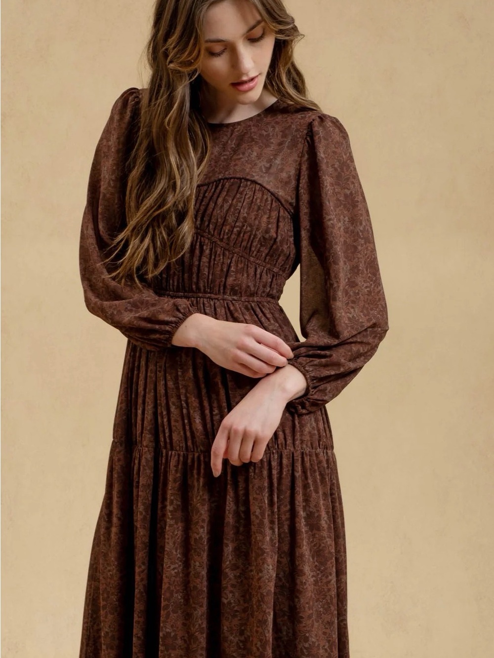Tiered Brown Midi Dress with Long Puff Sleeves